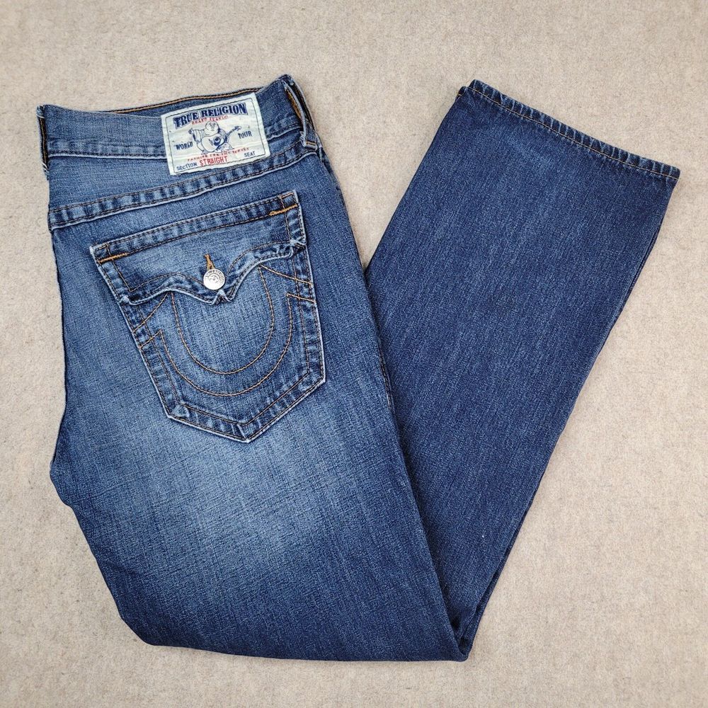True Religion Jeans Mens 38 (Actual 40x32) Straight Fit Flaps Blue Denim